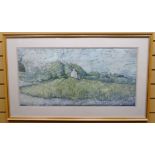 BATIK: Welsh landscaped with cottage and church, unsigned, 15.5 x 31.5 ins (40 x 80 cms) MOUNTED AND