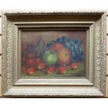 OIL ON CANVAS: E J B Evans, still life of fruit, signed and dated 1917, 8.25 x 11.25 ins (21 x 29