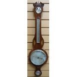 A Sheraton style inlaid mahogany aneroid three-dial banjo barometer with silvered dials and brass