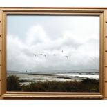 OIL ON BOARD: J Hilliard - ducks in flight over wetland, signed and dated 1982, 19.5 x 23.5 ins (