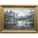 OIL ON BOARD: Alfred Worthington - landscape with loch, and deer grazing, signed and dated 1896 21.5