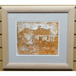 LINO-PRINT: Aneurin Jones - cottage, signed, 9.5 x 12 ins (24 x 30 cms) MOUNTED AND FRAMED