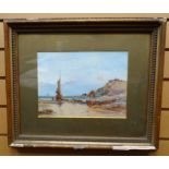 WATERCOLOUR: Richard Short - coastal view with boat and figures, signed, 8 x 11 (21 x 28.5 cms)