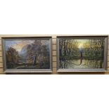 A PAIR OF OILS ON CANVAS: Henry J. Livens - landscapes at sunset with figures, signature to one,