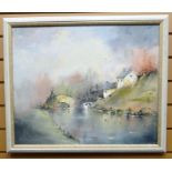 OIL ON CANVAS: D Shanahan - river scene with houses and bridge, signed, 19 .25 x 23.5 ins (49 x 59