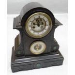 A Victorian black slate clock and barometer mantel set, each dial of circular white enamel form, the