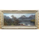 OIL ON BOARD: W Collins - landscape with lake and mountains, signed, 17.25 x 43.25 ins (44 x 110