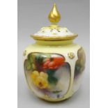 A Royal Worcester 'Hadley Ware' panelled pot pourri with pierced lid having a gilded finial, the