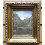 OIL ON PANEL: Maurice Turner - river scene entitled verso 'Dovedale', signed, 5.25 x 4 ins (15 x