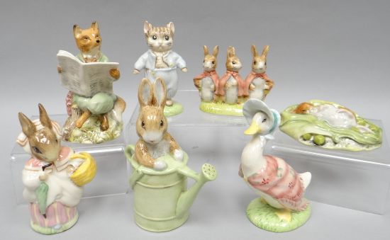 Five Royal Albert Beatrix Potter figures together with two Beswick similar