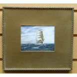 OIL ON PANEL: Nautical scene with galleon and liner at sea, unsigned, 4 x 5 ins (10 x 13 cms) FRAMED