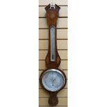 A Sheraton style inlaid mahogany aneroid banjo barometer with silvered dials and brass bezel, 38 ins