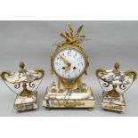 A French pink marble and gilt-metal mantel clock garniture, the clock with floral painted white