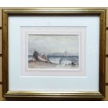 WATERCOLOUR: J Collins - nineteenth century, beached boat with figures, indistinctly signed, 4.75