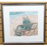 WATERCOLOUR: Gordon Stuart - man on bench, reading paper, signed, 14 x 16 ins (36 x 41 cms)