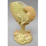 A Royal Worcester blush vase in the form of a Nautilus shell raised by sea-weed over a sea-bed base,
