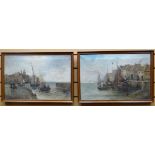 A PAIR OF OIL ON CANVAS: Van Porten - Nineteenth Century European harbour town scenes with