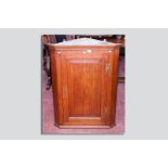 A Georgian oak corner cupboard with single raised panel door, brass 'H' hinges and escutcheon, the