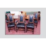 A good sized oak refectory table with lyre end supports and single cross stretcher and a set of five