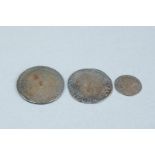 Three silver coins - 1. William & Mary half crown, 1689 - 2. Elizabeth I florin? and 3. Victorian