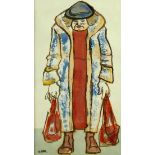 KAREL LEK watercolour and ink - elderly woman with carrier bags, Oriel Tegfryn Gallery label verso