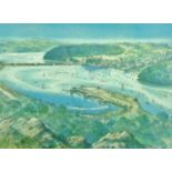 R SCARFF coloured print - panoramic view of the old Deganwy Harbour, Conwy Town and beyond from