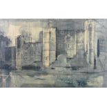 JOHN PIPER coloured print - Quayside walls and Tower of Caernarfon Castle, printed signature, 13 x