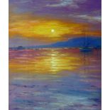 STEVEN JONES coloured limited edition (9/150) print - sunset scene over the Menai Straits at