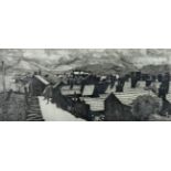 DAVID WOODFORD etching - sunlit North Wales quarrying village, signed, 8 x 17 ins (20 x 44 cms)