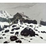 SIR KYFFIN WILLIAMS RA coloured print - farmer with two dogs by a smallholding in snow, printed