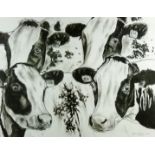 GWYN OWEN charcoal - study of four Friesian cows entitled ‘Four Ladies’, signed and dated 2012, 19 x