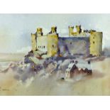 JOHN MORRIS watercolour - Harlech Castle, signed, 15 x 18.75 ins (38 x 48 cms)