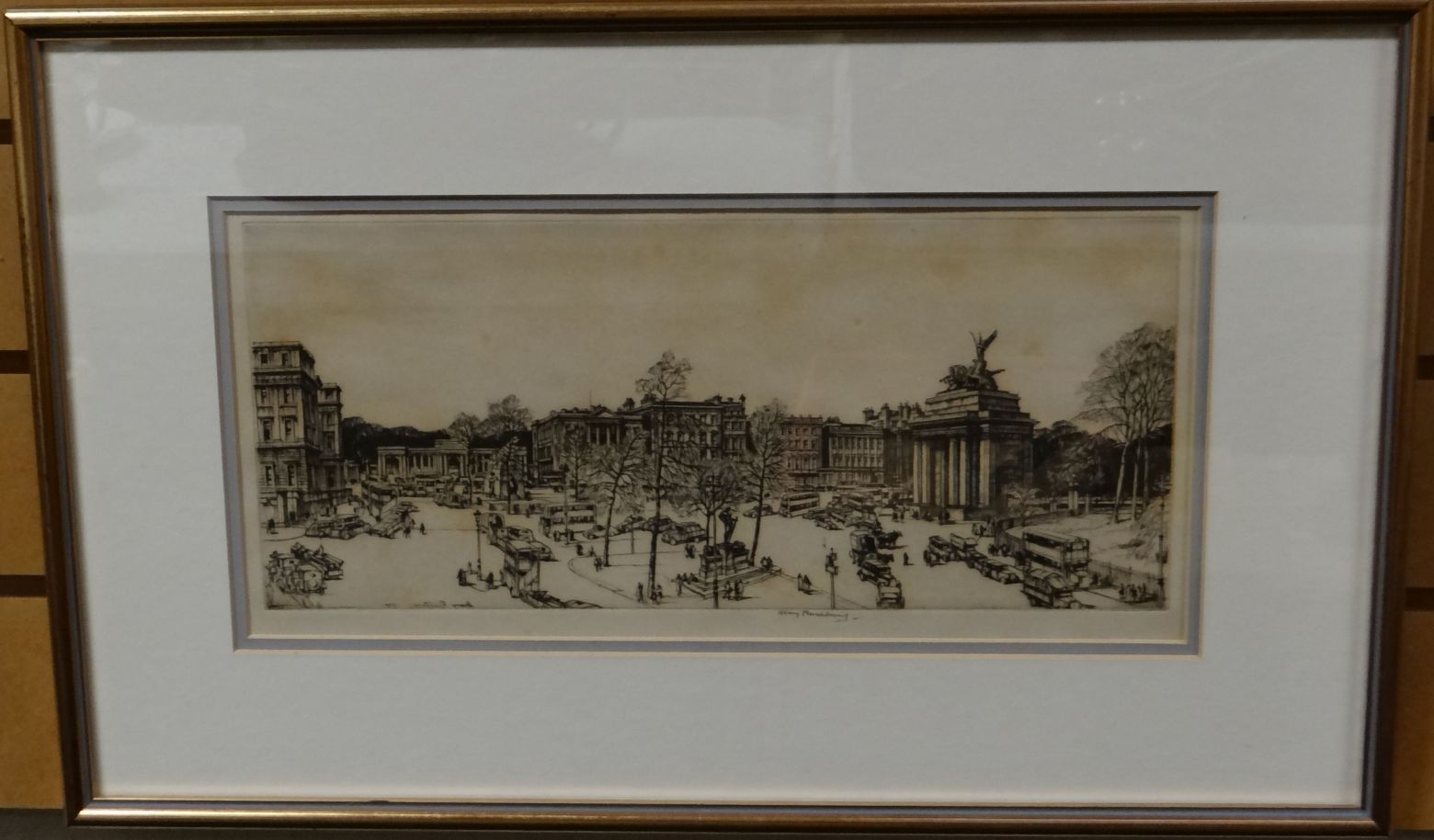 HENRY RUSHBURY monochrome print of busy London at 'Constitution Hill, 1947' with the Wellington Arch