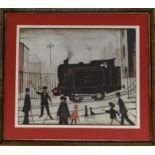 L S LOWRY coloured print entitled 'Level Crossing, 1946', signed in pencil, 19.25 x 23.5 ins (49 x