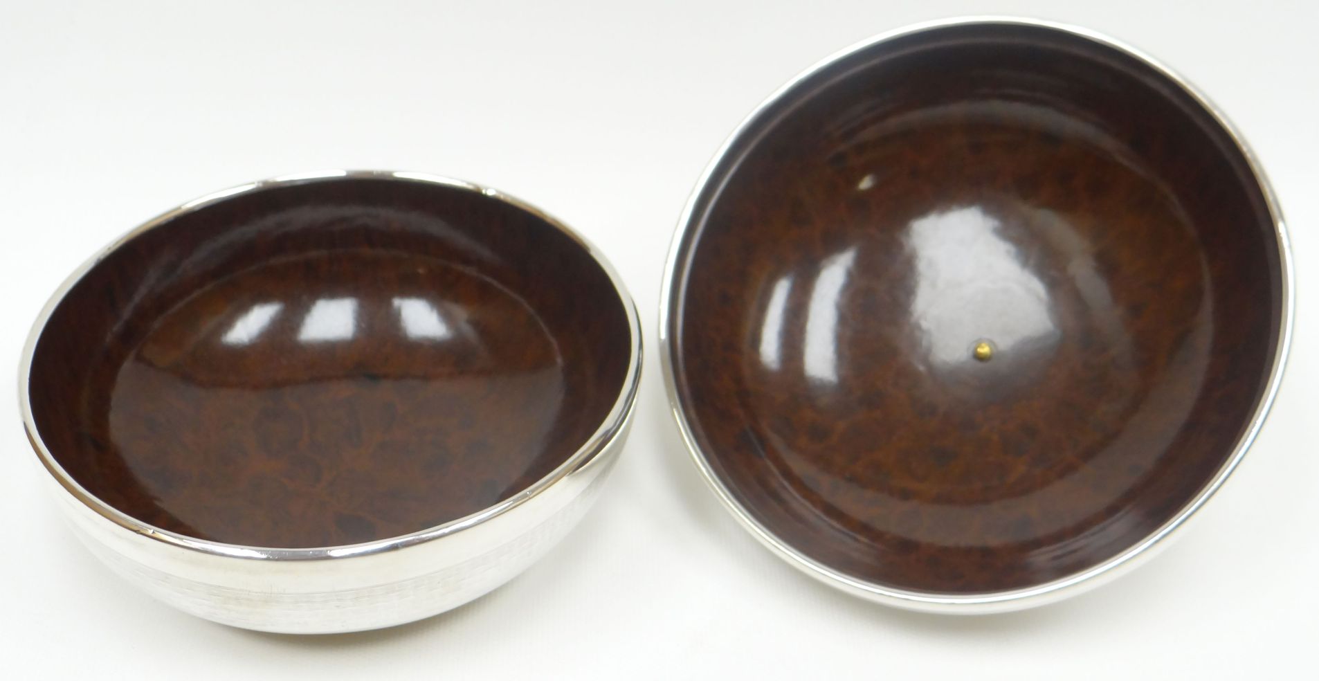 A silver powder-box bowl with machine-turned decoration and having bakelite interior and handle, - Image 2 of 2