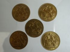 Five gold full-sovereigns, 1899, 1905, 1907, 1912 and 1912
