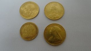 Three gold full sovereigns for 1892, 1900 and 1915 and a half-sovereign for 1901