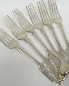 A set of six fiddle-shaped dinner forks with rat-tail handles, Sheffield 1863, 14.6ozs