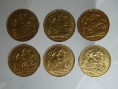 Six gold half-sovereigns, 1902, 1902, 1908, 1911, 1911 and 1912