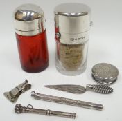 A parcel of small silver items comprising two silver topped glass scent bottles, a bright-cut silver