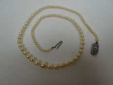 A necklace of graduated white pearls, 42cms long, and a pair of white pearl clasp earrings