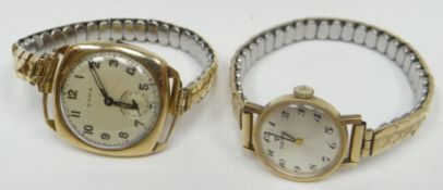 Two vintage 9ct yellow gold ladies wristwatches with expanding bracelets
