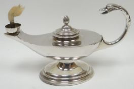 A novelty silver spirit-burner in the form of an Arabian-lamp with swan-handle, Birmingham 1966, (