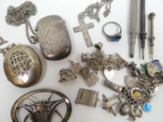 A parcel of mixed silver jewellery and bijouterie including pencils, vesta case, charm bracelet etc,