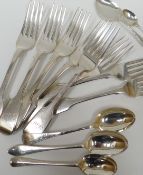 Six matching early-Victorian fiddle-handled silver dinner-forks with monogrammed handles 'RJW',