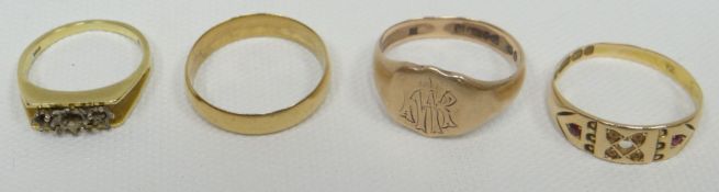 Four various yellow gold rings comprising 18ct, 15ct, 9ct and one unmarked, 12.5gms total