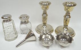 A parcel of hallmarked English silver / part-silver including a small funnel, a pair of salts, a
