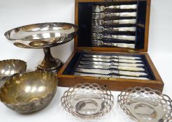 A parcel of metalware including oak-case of mother-of-pearl handled tea-knives and forks, a pair