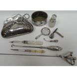 A parcel of silver / part-silver ladies etui including an Art Nouveau silver purse with leather