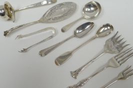 A parcel of mixed silver flatware including tasting spoon, small fish slice and matching fork, 4.